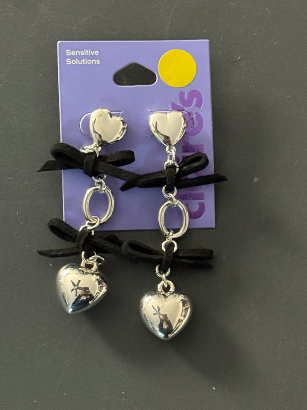 NEW Silver Heart Drop Earrings with Black Ribbon